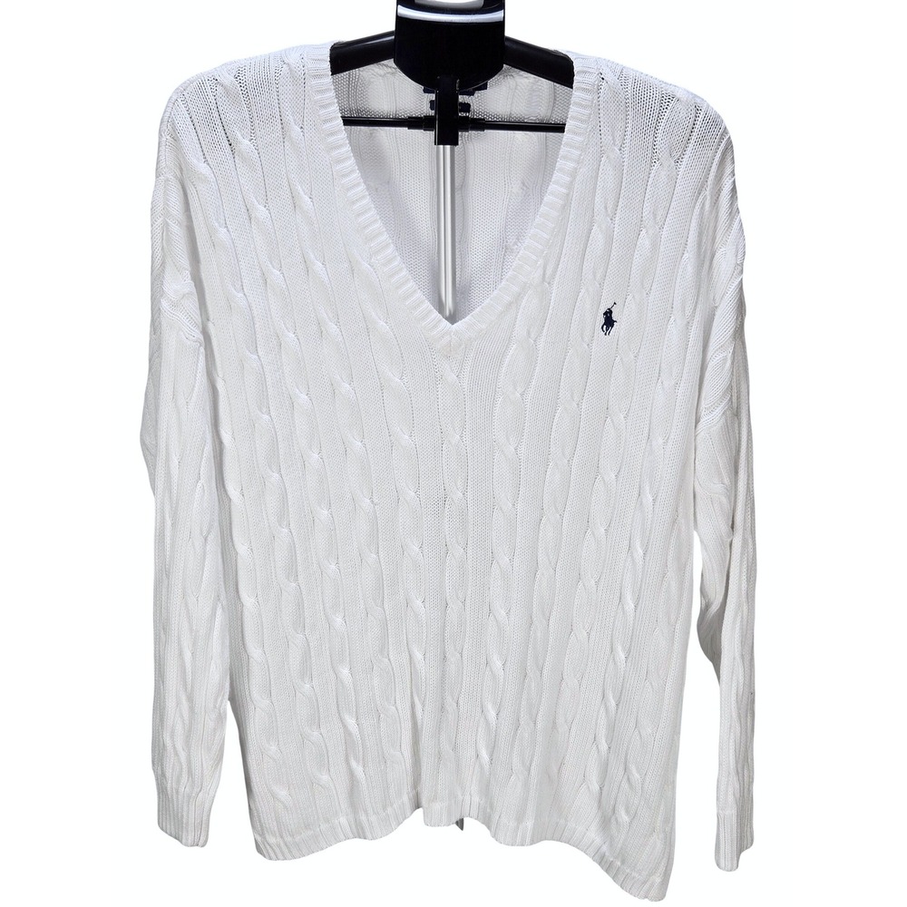 Women's Polo Ralph Lauren XL White Pima Cotton Cable Knit V-Neck Sweater Preppy